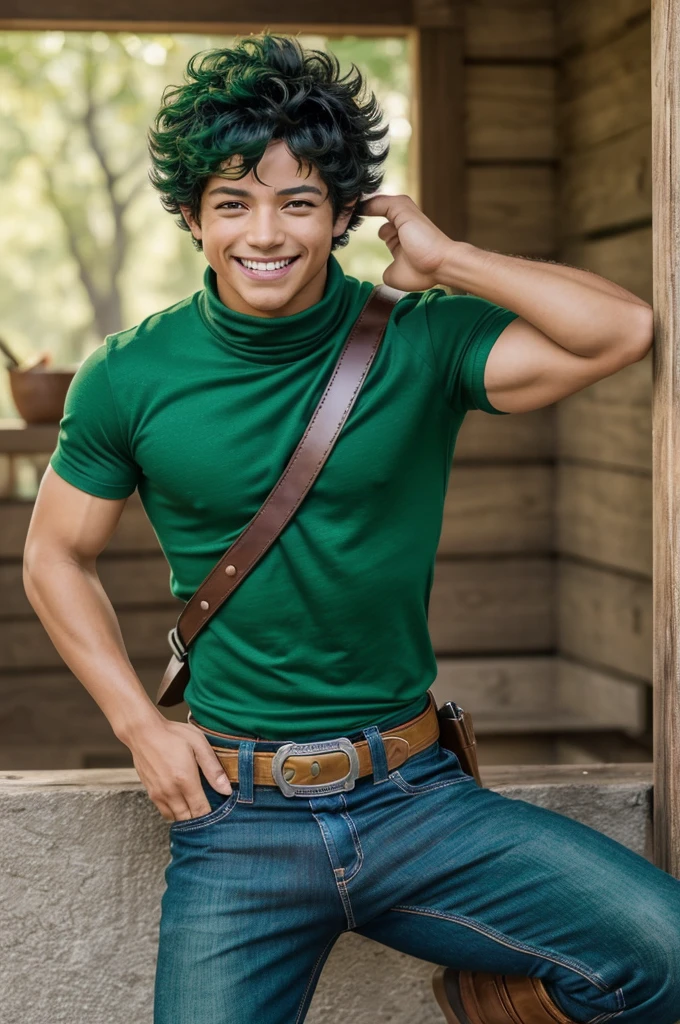 (obra maestra, mejor calidad:1.2), tiro de vaquero, solo, enfoque masculino, 1 chico, midoriya izuku, sonrisa, mirando al espectador, pelo verde corto, ojos verdes, mono verde, guantes blancos, sonriendo, izuku midoriya