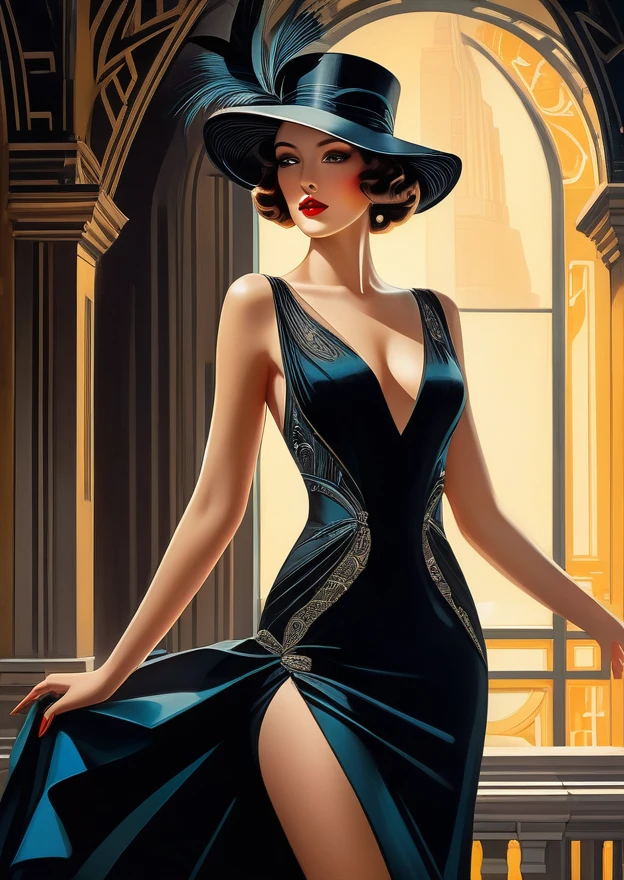 1920s style, Beauty, Scholar, revealing clothes, (intricate details, masterpiece, best quality:1.4), fascinating, noir art style, dynamic, dramatic, Futurism art style, dynamic pose