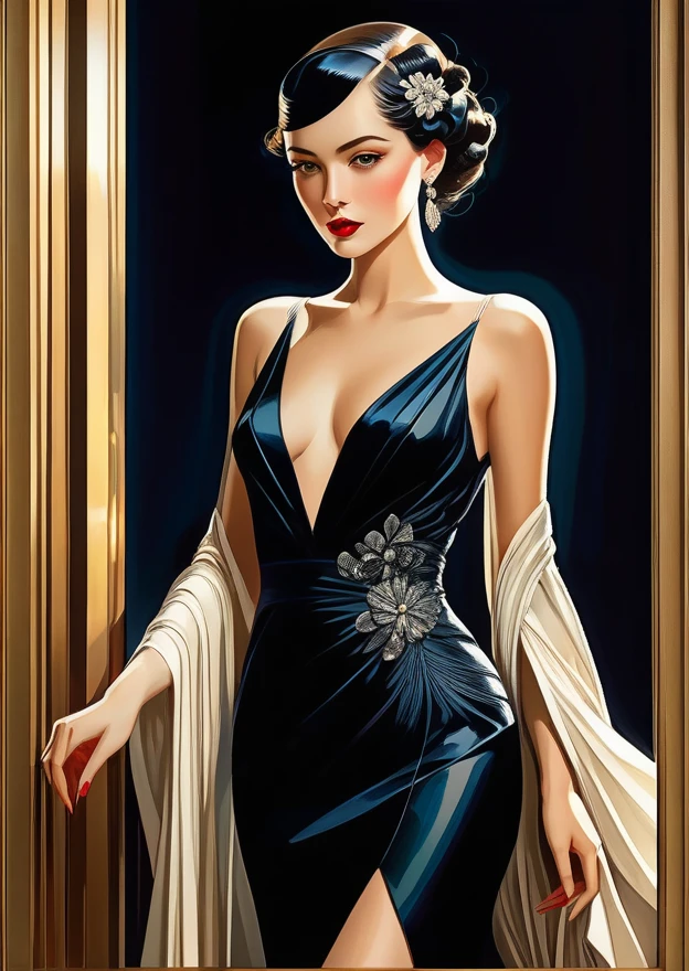 1920s style, Beauty, Scholar, revealing clothes, (intricate details, masterpiece, best quality:1.4), fascinating, noir art style, dynamic, dramatic, Futurism art style, dynamic pose