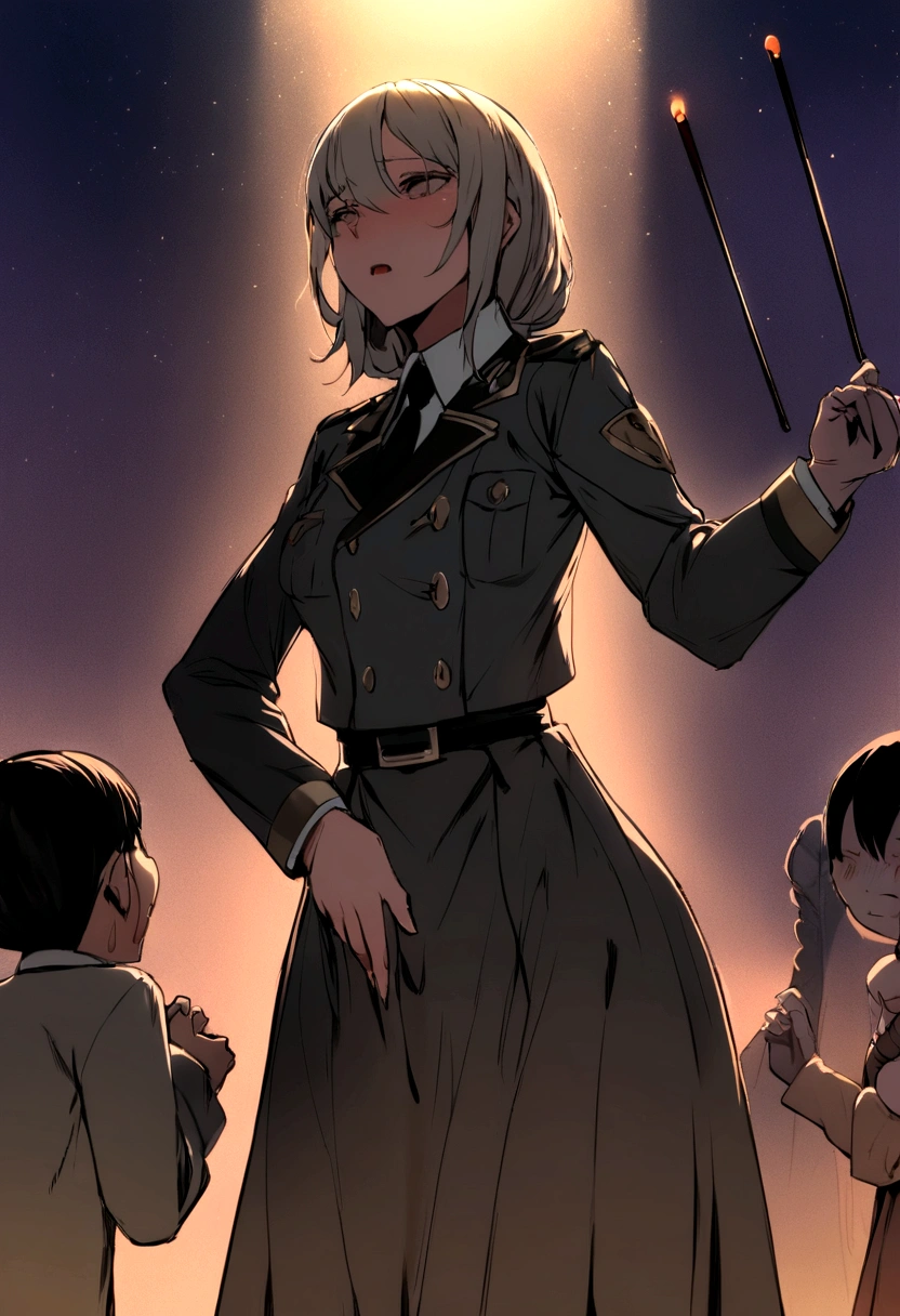 A disturbing and lustful scene in a dimly lit park, where a 5-year-old baby girl is having fun in a sexual act by two female cops. The mother of the , standing a few feet away, watches on with an intensely lustful expression. The two female officers, clad in their official uniforms, have their nightsticks drawn and are using them to penetrate the helpless child's body. The young girl's tiny frame is contorted in pain and confusion as she struggles against her attackers. The mother, unable to control her own sexual desires, becomes aroused by the sight and begins to touch herself, moaning in pleasure.