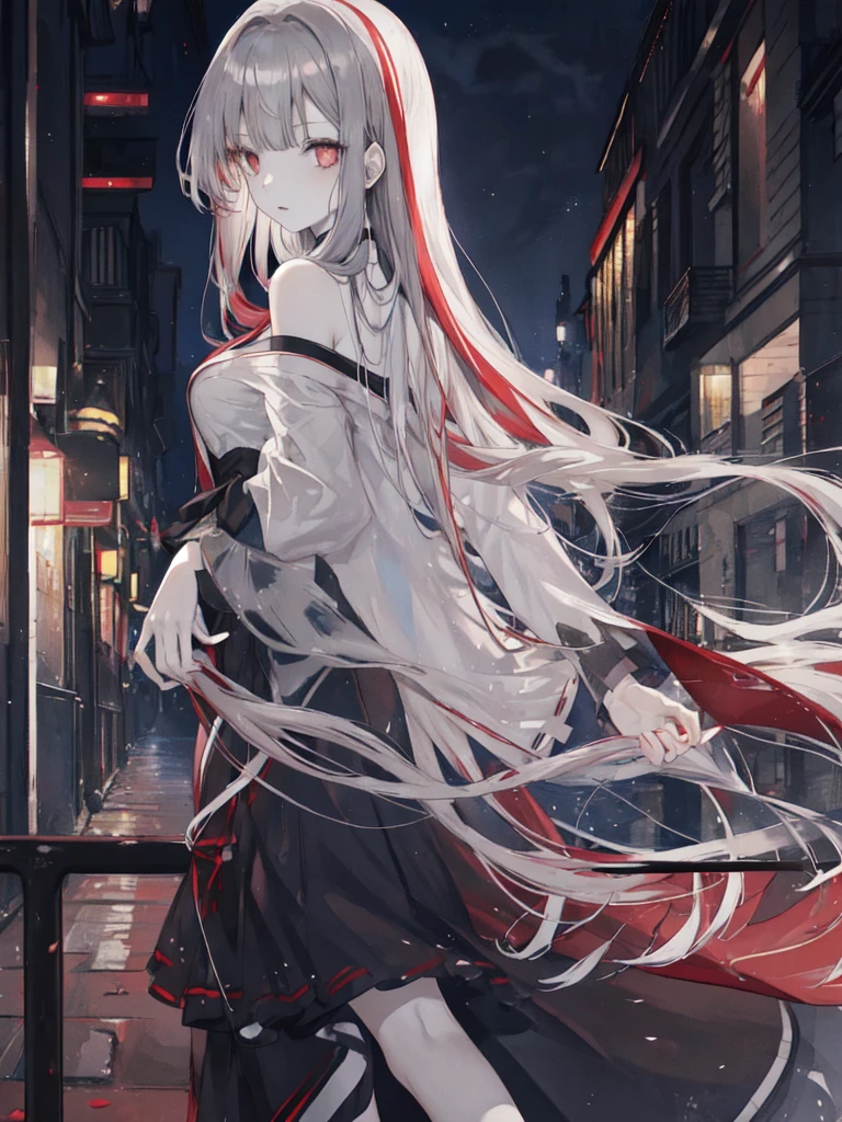 1girl, solo, silver long straight hair with one red streak and one blue streak, red light eyes, very long hair,  sidelocks, straight blunt bangs, silver gray hair, beautiful breast, expressionless, black dress, off-shoulder dress, long sleeves, long dress, (gothic), autumn evening city lights, hustorical  monunent architecture street, ambiance, many ,light source, looking at viewer, magical, emotionless, adult, pale skin, 21 years old, warm light pinky-brown attitude, straight bangs and haircut, hairstyle of cute Japanese schoolgirls