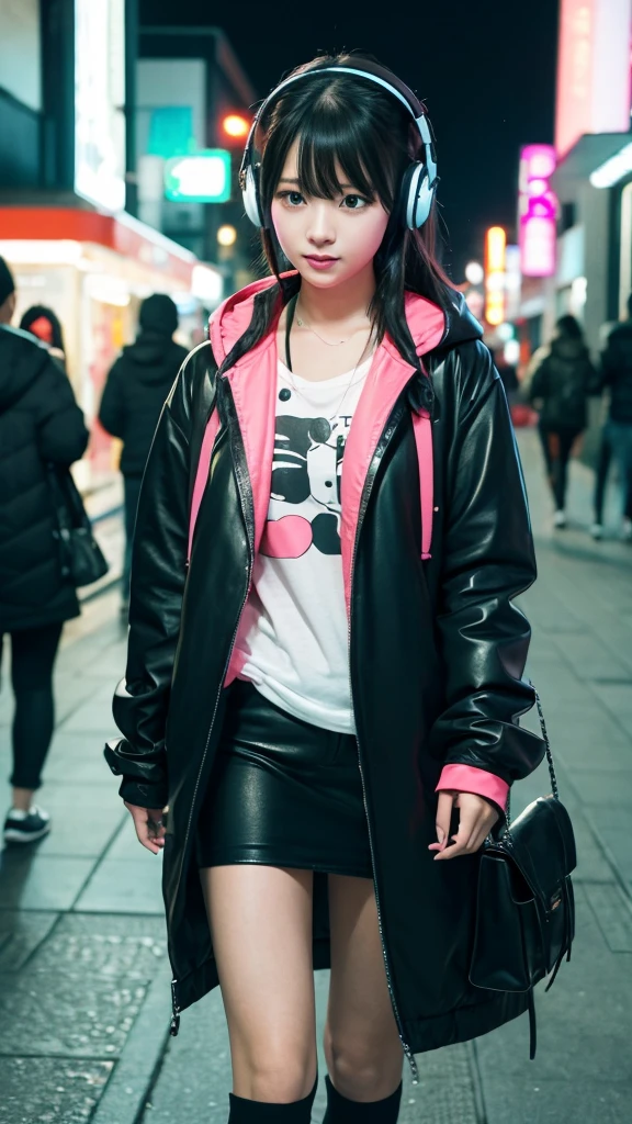 night、A subculture girl wearing headphones、walking in the neon city