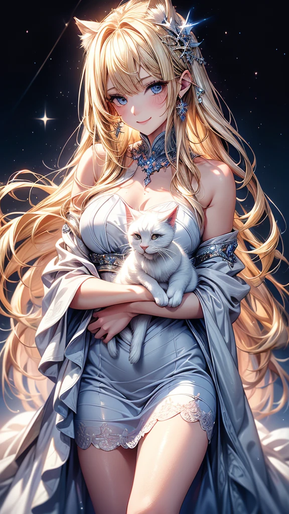 Highly Detailed CG Unity 8K Wallpaper, pretty girl, Mature blonde girl, Half Up,beautiful girl, Hot Maiden, Pale skin (super masterpiece, Fantasy art with intricate detail:1.5,Beautiful person, Well detailed face polluted smile, Her flat chest is completely hidden by her dress、Realistic, Surreal), Pray to the stars,Girl holding cute white cat with big eyes in her arms