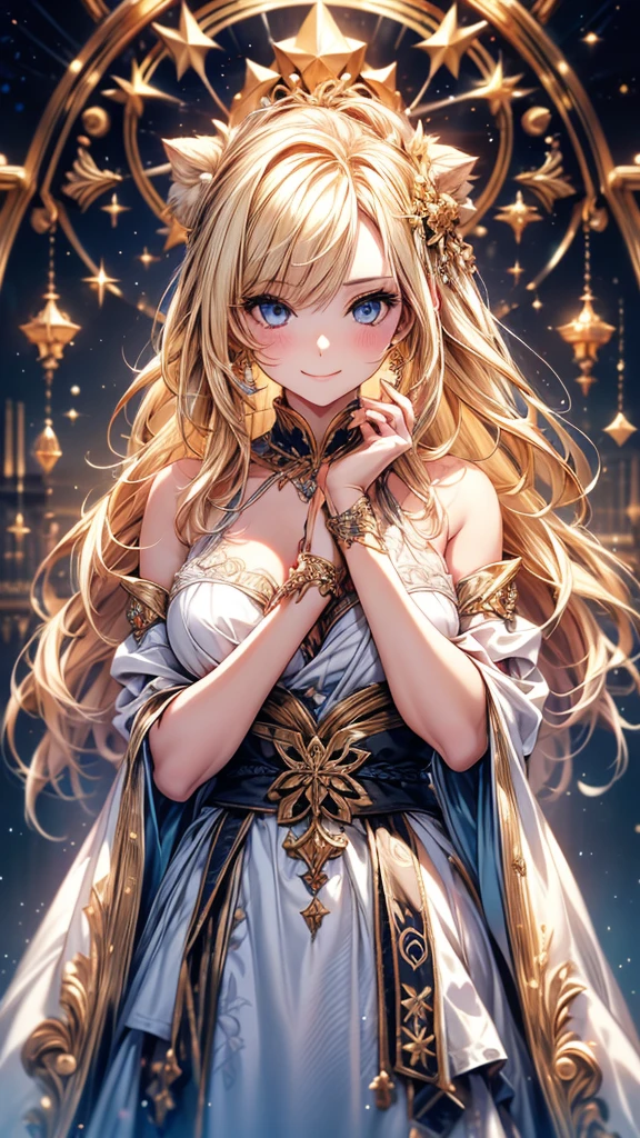 Highly Detailed CG Unity 8K Wallpaper, pretty girl, Mature blonde girl, Half Up,beautiful girl, Hot Maiden, Pale skin (super masterpiece, Fantasy art with intricate detail:1.5,Beautiful person, Well detailed face polluted smile, Her flat chest is completely hidden by her dress、Realistic, Surreal), Pray to the stars,Girl holding cute white cat with big eyes in her arms