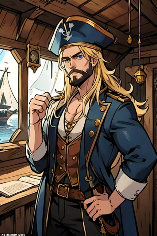 A muscular blonde haired male pirate with blue eyes and long hair and a dark beard in a pirate's outfit is counting gold in a captain's cabin in a pirate ship