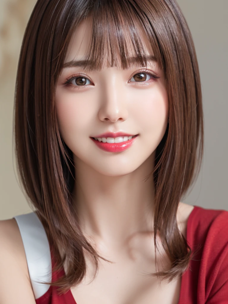 (highest quality、Tabletop、8k、Best image quality、Award-winning works)、(One Girl, 14 years old:1.3)、(Perfect V-neck long knit red sweater:1.2)、(Red eyeshadow:1.2)、Deep cleavage、裸のclavicle、Perfect Makeup、Long eyelashes、Ultra-high definition sparkling eyes、Ultra HD Hair、Ultra-high resolution glossy lips、Ultra High Resolution Perfect Teeth、Ultra HD cute face、Brown Hair、(Very short straight hair:1.1)、Look at me and smile、[clavicle]、Accurate anatomy、(Face close-up:1.5)、Luxury Love Hotel、(The most atmospheric and warm lighting:1.2)、Blurred Background、With bangs、Ultra-high-definition, shiny, moisturized face、Ultra-high resolution glowing skin、The most detailed face、Super high resolution detailed faces、ultra high resolution hair、Ultra-high resolution sparkling eyes、Beautiful face drawn in every detail、Ultra high resolution glossy red lips、One girl、