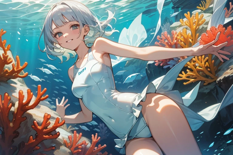 (((masterpiece))), (((best quality))), ((ultra-detailed)), (highly detailed CG illustration), ((an extremely delicate and beautiful)),In the sea,Seaweed sways,Colorful fish,Colorful corals,One Girl,In the seaを泳いでいる,White swimsuit,One piece swimsuit,Ruffled swimsuit,Silver Hair,Medium Hair,smile