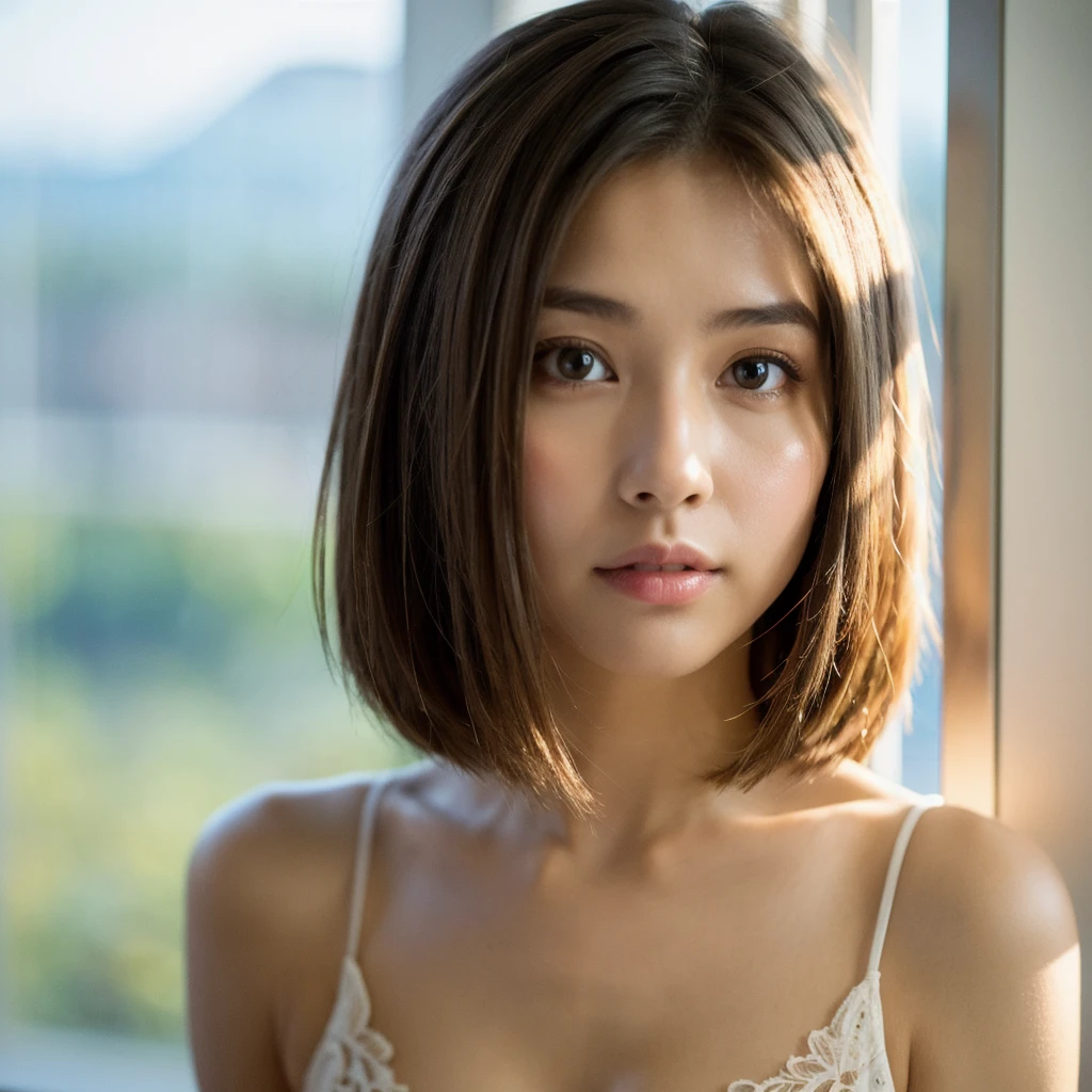 night, original photography, (((Very beautiful portrait))), (Very beautiful portrait))), 1 girl, Sexy 25 year old girl, ((Natural brown short hair)), [Brown eyes],Staring tenderly out the window, ((masterpiece, best quality, Super detailed, light, Intricate details, HD, 8K, Very detailed)), Detailed background, 8K UHD, Digital SLR Camera, soft light, high quality, Film Grain, Fuji XT3, Shallow and deep, Natural light, Perfect face