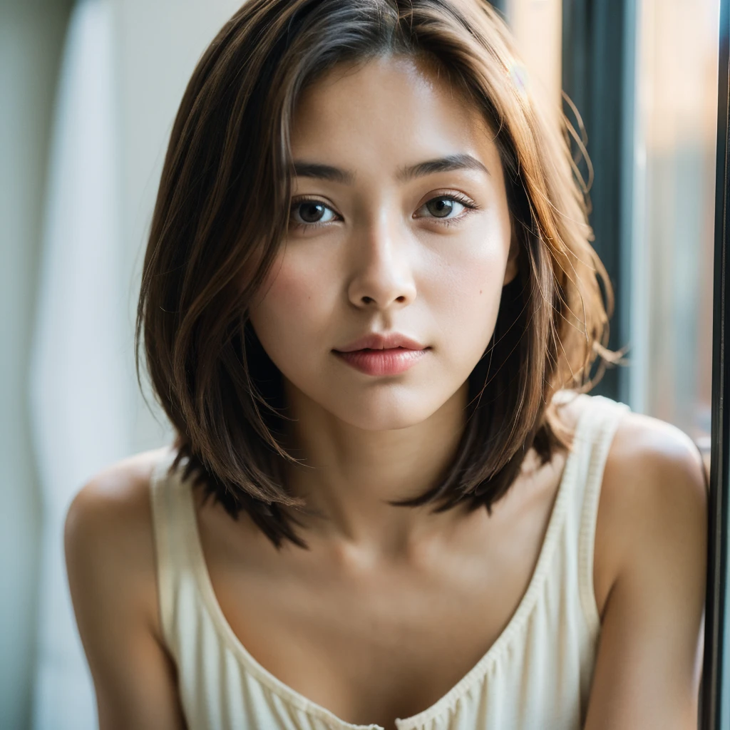 night, original photography, (((Very beautiful portrait))), (Very beautiful portrait))), 1 girl, Sexy 25 year old girl, ((Natural brown short hair)), [Brown eyes],Staring tenderly out the window, ((masterpiece, best quality, Super detailed, light, Intricate details, HD, 8K, Very detailed)), Detailed background, 8K UHD, Digital SLR Camera, soft light, high quality, Film Grain, Fuji XT3, Shallow and deep, Natural light, Perfect face