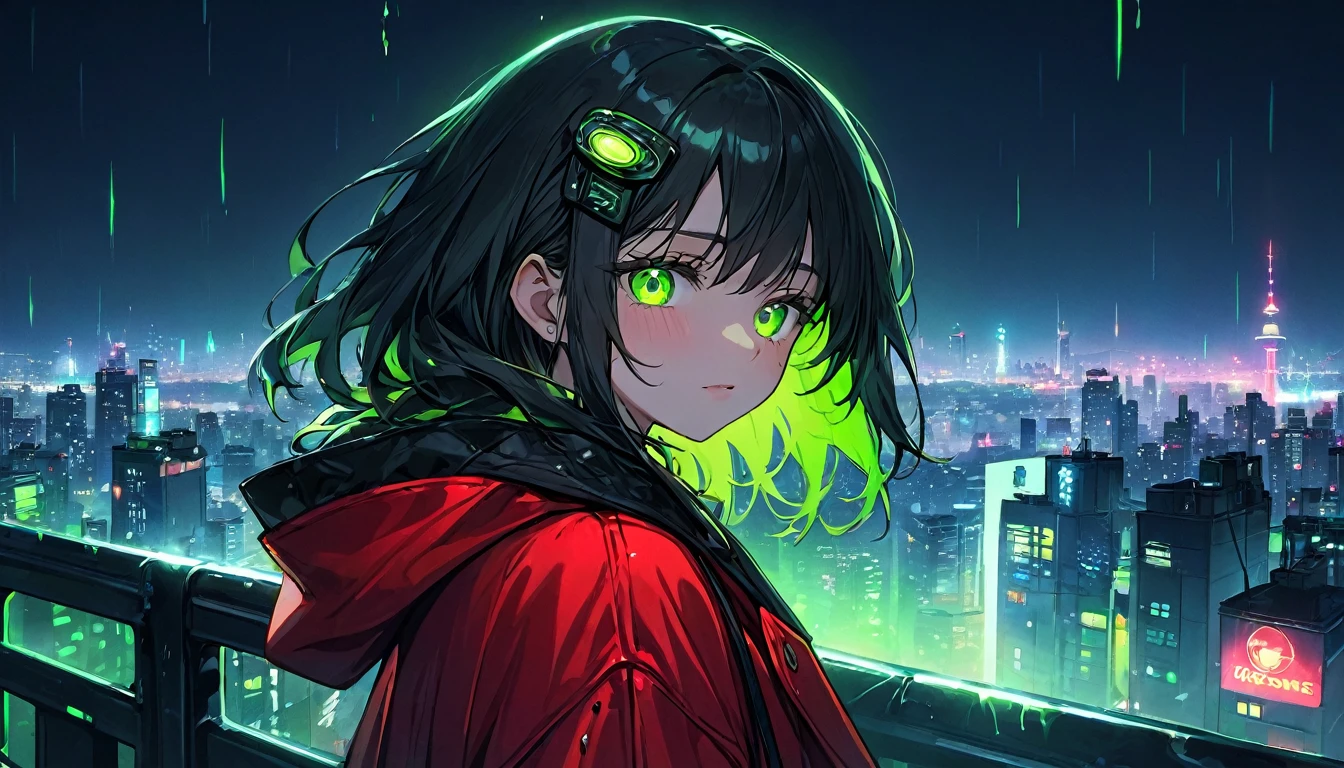 大粒のtearsを流す女の子 1 人、Close-up of face、cyber punk、Green Eyes、Glowing Eyes、tears、neon、Red coat、Open coat、、rooftop