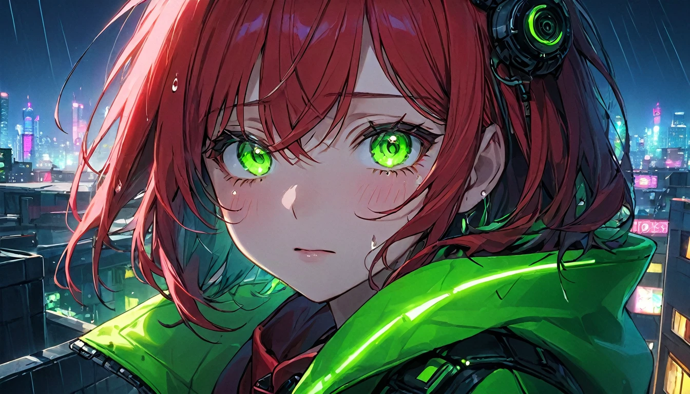 大粒のtearsを流す女の子 1 人、Close-up of face、cyber punk、Green Eyes、Glowing Eyes、tears、neon、Red coat、Open coat、、rooftop