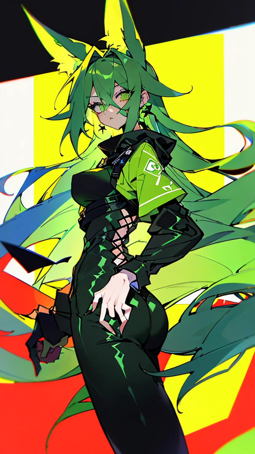 score_9, score_8_superior, score_7_superior, score_6_superior, woman, Wearing a green hoodie, Booty Shorts, Green fox ears, thick, Large Breasts, Dirty green hair, Long Hair, White eyes, Attention to detail, Fine grain, The background is a dark room, Have a sad look on your face