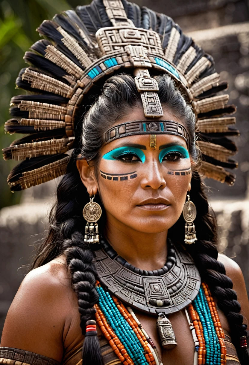 A 45-year-old Mayan woman, intricate , see-luscious hair is depicted in a stunning, award-winning photography. The scene features a beautiful, detailed, and oily skin, with a dark makeup, jewelry, and a beautiful face, all set against a backdrop of a Mayan temple and Aztec pyramid.