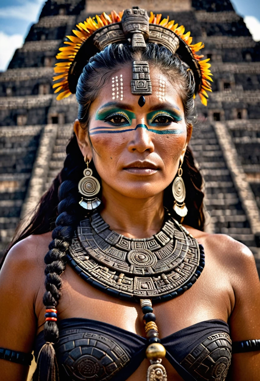 A 45-year-old Mayan woman, intricate , see-luscious hair is depicted in a stunning, award-winning photography. The scene features a beautiful, detailed, and oily skin, with a dark makeup, jewelry, and a beautiful face, all set against a backdrop of a Mayan temple and Aztec pyramid.