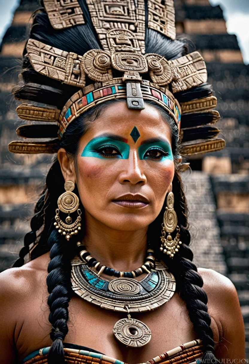 A 45-year-old Mayan woman, intricate , see-luscious hair is depicted in a stunning, award-winning photography. The scene features a beautiful, detailed, and oily skin, with a dark makeup, jewelry, and a beautiful face, all set against a backdrop of a Mayan temple and Aztec pyramid.