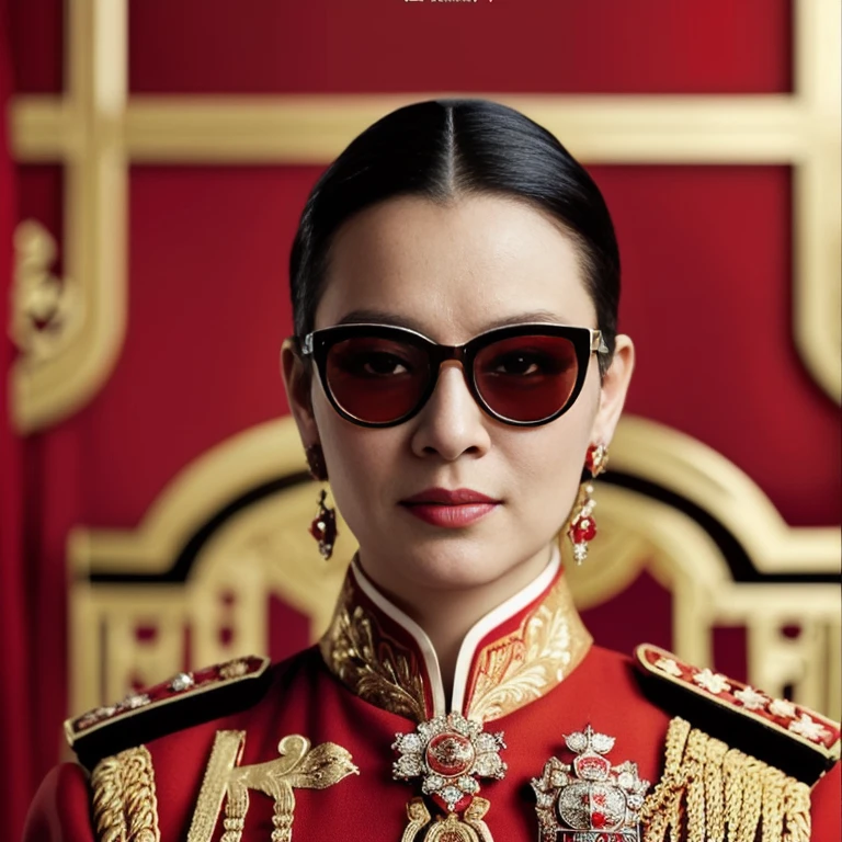 Arafed portrait of woman in red dress and eyeglasses, colored eyeglasses, closeup Portrait, Chinese empress, Portrait, By Emma Andijewska, Order of Akira, Poster Shoot, Inspiration from Min Zhen, Inspired by Xie Huan, Close-up photo, officer, official artwork, Chinese, emperor, Inspired by Guo Xi, Close-up photo