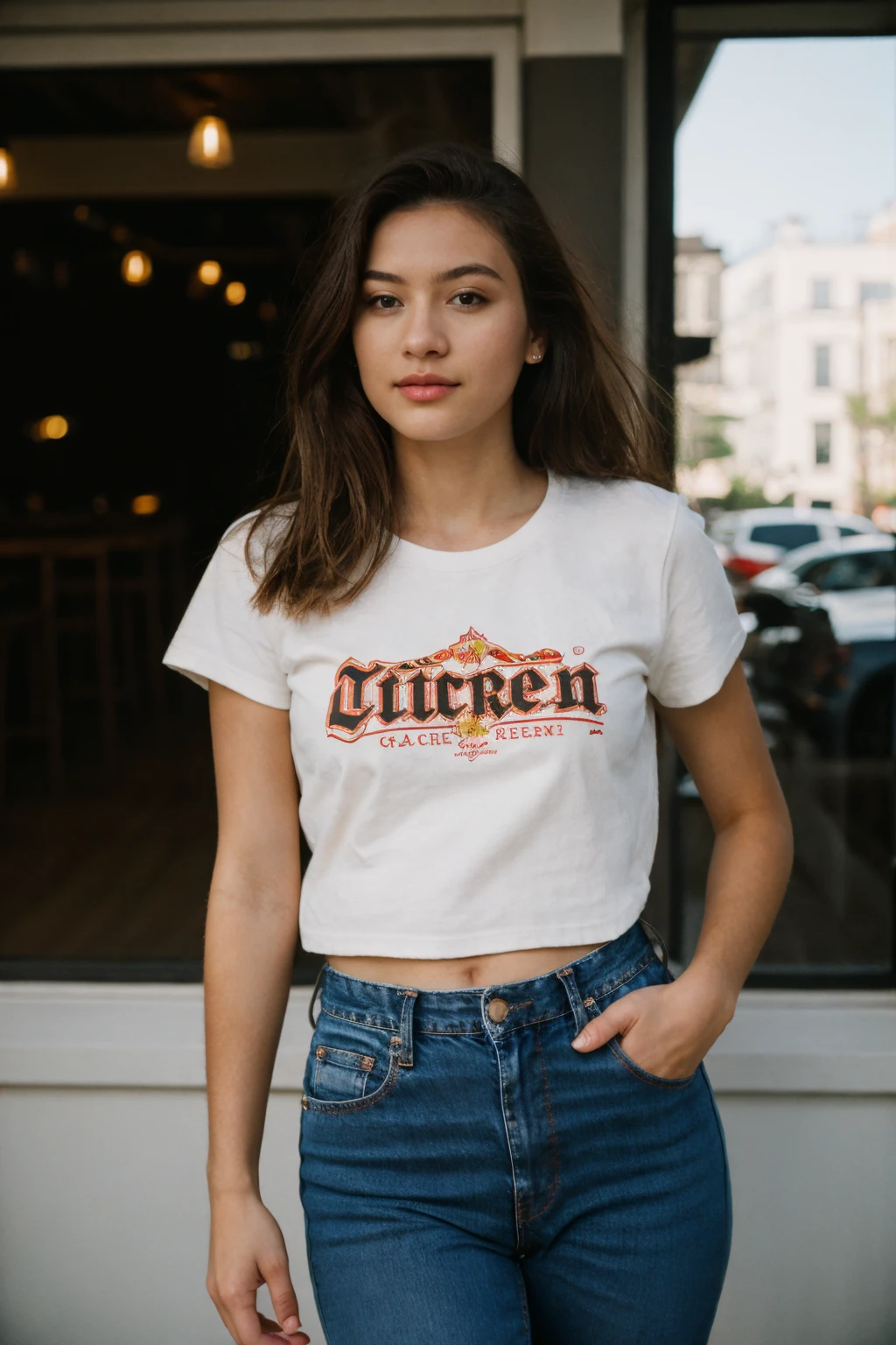 20 y.o Stella Reign, supermodel, perfect beautiful face, natural skin texture, light brown hair, brown eyes, proportional y posture, t-shirt, jeans, shit, hold cup of coffee at coffee shop