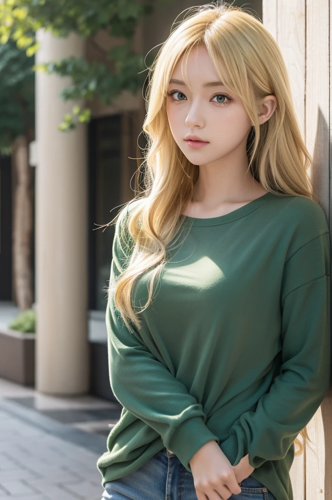 anime girl, 2d, 1girl, blonde hair, curled hair, long hair, green eyes, casual clothes