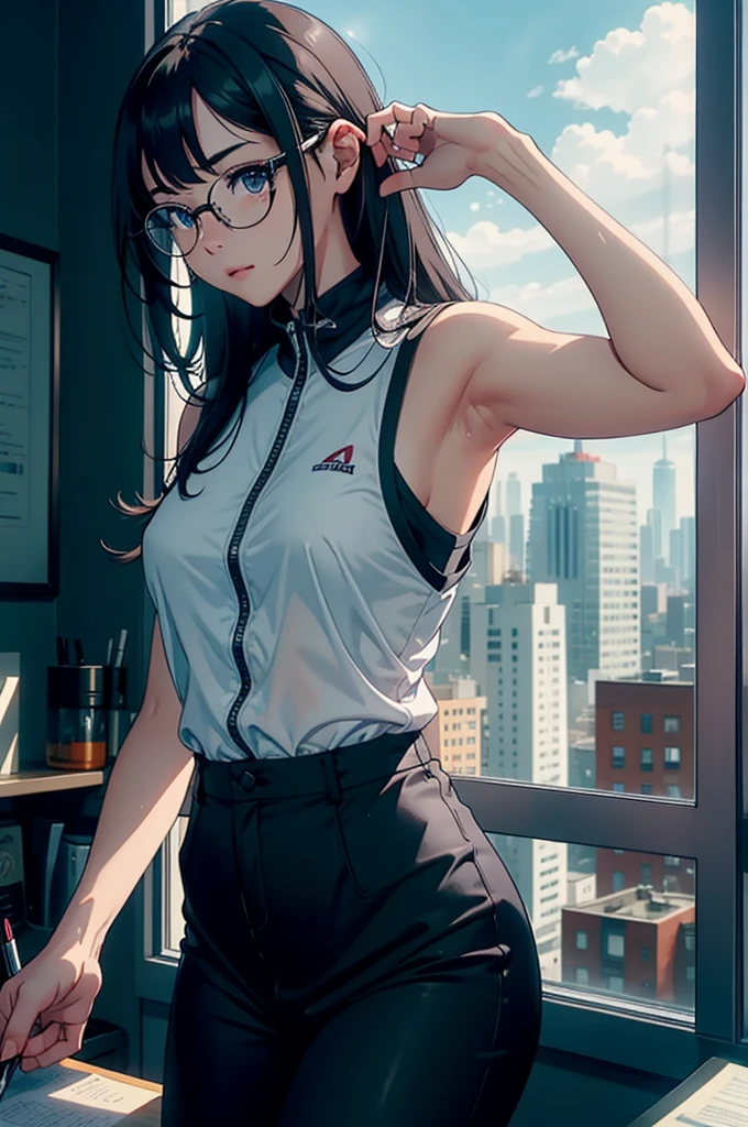 A beautiful female college student,  screen in front of window,  Overlooking the city projected on the screen, cafe,  window behind white desk, city view, overlooking the cityscape, notebook, Holding a pen in one hand, glasses, black hair, midsummer loungewear, cool clothes, ((skin under one armpit)), ((flank skin)), intellectual atmosphere, dark lighting,  knowledge, scholarship, study tools, enthusiasm, calm environment, taking notes, enthusiasm, immersion, inquisitiveness, research,　concentration, sense of accomplishment, pursuit of knowledge, academic pursuit,  academic inquisitiveness, cinematic lighting, Sony FE GM, masterpiece, top quality, 4K, academic atmosphere, (masterpiece), (best quality), ultra-high res, sharp focus, beautiful detailed hair