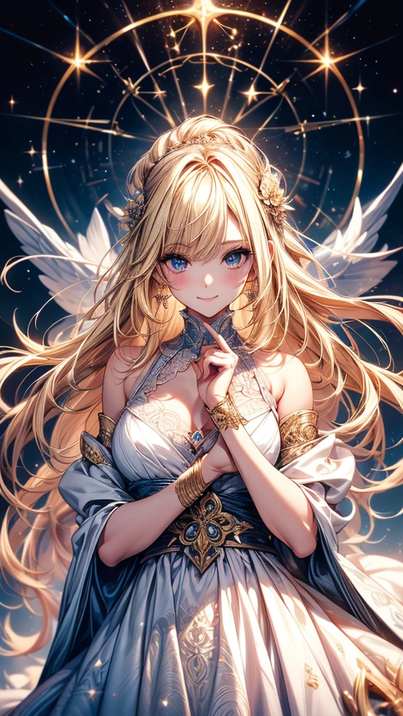 Highly Detailed CG Unity 8K Wallpaper, pretty girl, Mature blonde girl, Half Up,beautiful girl, Hot Maiden, Pale skin (super masterpiece, Fantasy art with intricate detail:1.5，Beautiful person, Well detailed face polluted smile, Her flat chest is completely hidden by her dress、Realistic, Surreal), Pray to the stars,Girl holding cute white cat with big eyes in her arms