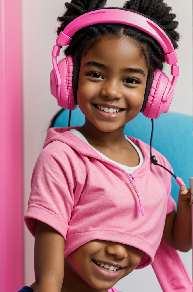 Gamer girl with pink headphones smiling black girl with Puffs all pink