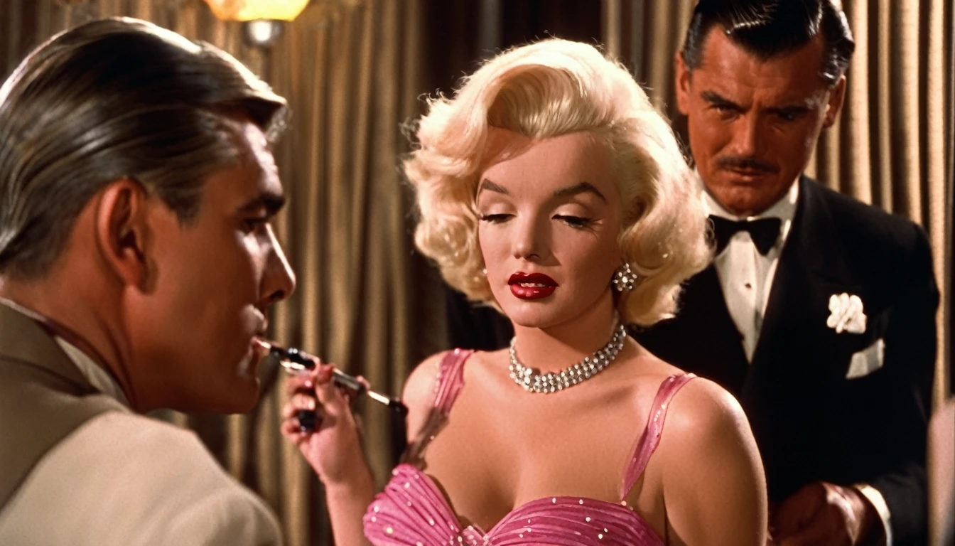 a vintage color film still of Marilyn Monroe with makeup looking at balding Clark Gable who has glasses and is clean shaving outside a hollywood matinee at night, vintage photo, , panavision, 16:9, vintage photography, haze, bokeh, glamorous composition, film still, champagne commercial, inspired by George Hurrell, steven meisel photography, very realistic film still, color, cinematic, movie still, romantic