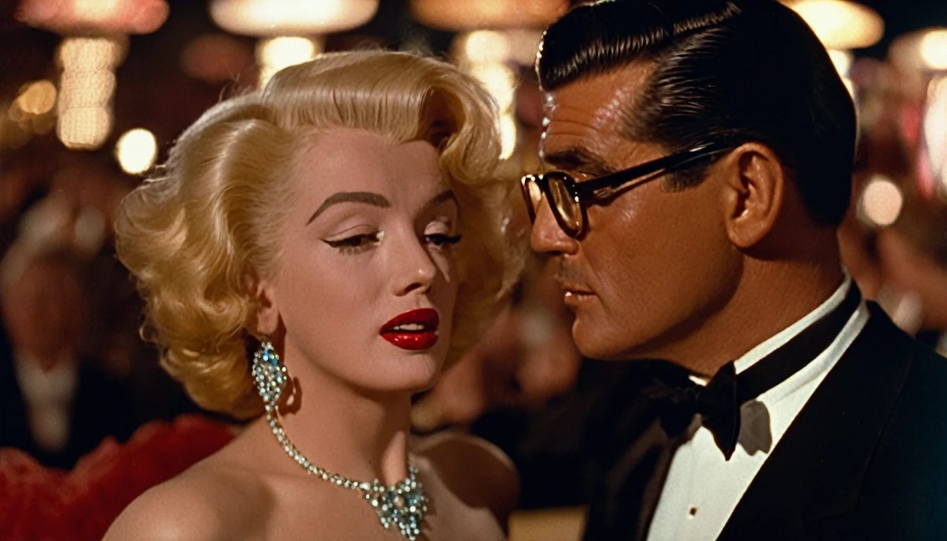 a vintage color film still of Marilyn Monroe with makeup looking at balding Clark Gable who has glasses and is clean shaving outside a hollywood matinee at night, vintage photo, , panavision, 16:9, vintage photography, haze, bokeh, glamorous composition, film still, champagne commercial, inspired by George Hurrell, steven meisel photography, very realistic film still, color, cinematic, movie still, romantic