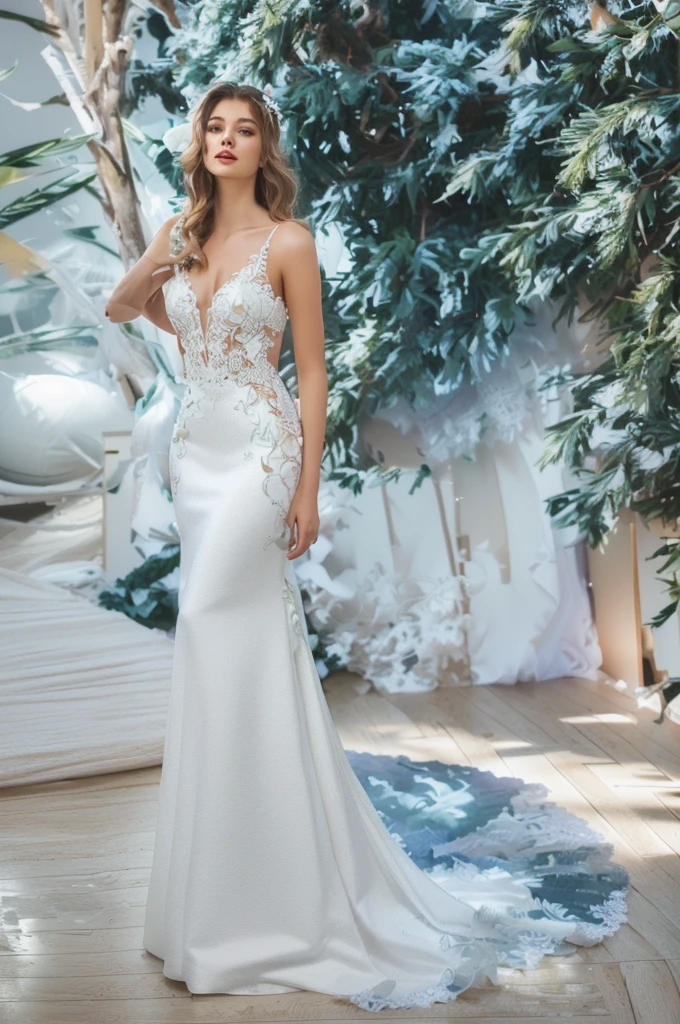 Top quality, Masterpiece, hyper HD, (Photorealistic: 1.4), RAW photo, 1girl,solo,Fashion model,Wearing a white mermaid wedding dress, v-neck dress style, Lace material, long tail, full body, in white room with indoor decorative palm tree,Stand upright and look straight.