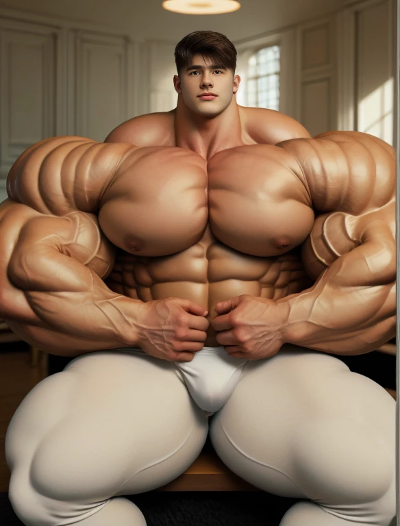 1boy, giant, model shoot style, illuminating light, strong body, bulk, large size, sitting, in the white interior room, nude, white triangular underwear, prominent bulge, big, brutalmass, giant, muscular body, bulk, massive body, large meaty body size