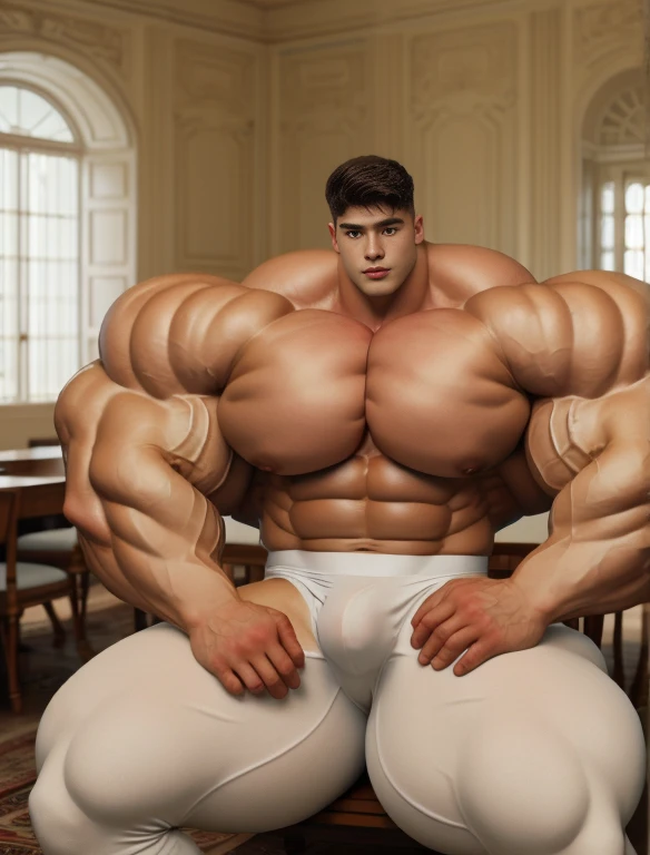 1boy, giant, model shoot style, illuminating light, strong body, bulk, large size, sitting, in the white interior room, nude, white triangular underwear, prominent bulge, big, brutalmass, giant, muscular body, bulk, massive body, large meaty body size 