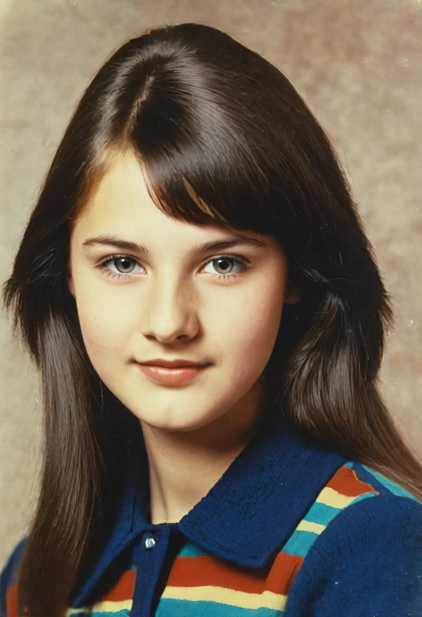 color photo. girl 20 years old. Portrait photo from a school yearbook in the USSR in the 1980s Highly detailed. brunette