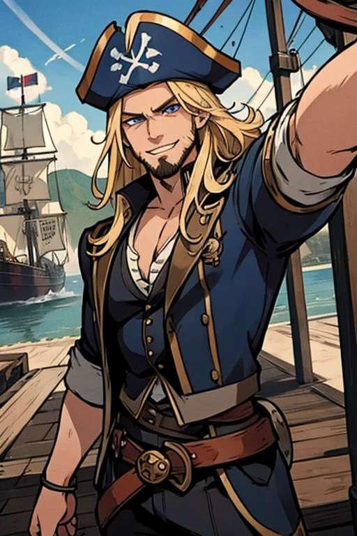 A muscular blonde haired male pirate with blue eyes and long hair and a dark beard in a pirate's outfit is smiling on a dock in a pirate city