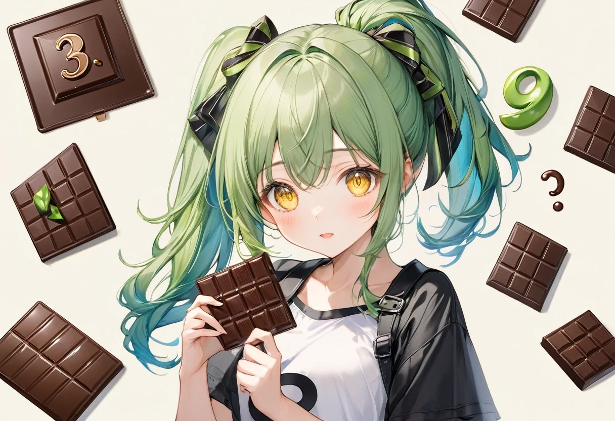 (15 yo, solo ponytail green hair long hair cute girl, cute yellow eyes, is holding shape of number 3 for chocolate), perfect anatomy, masterpiece, best quality, 16k, beautiful detailed grow, daydreaming expression.