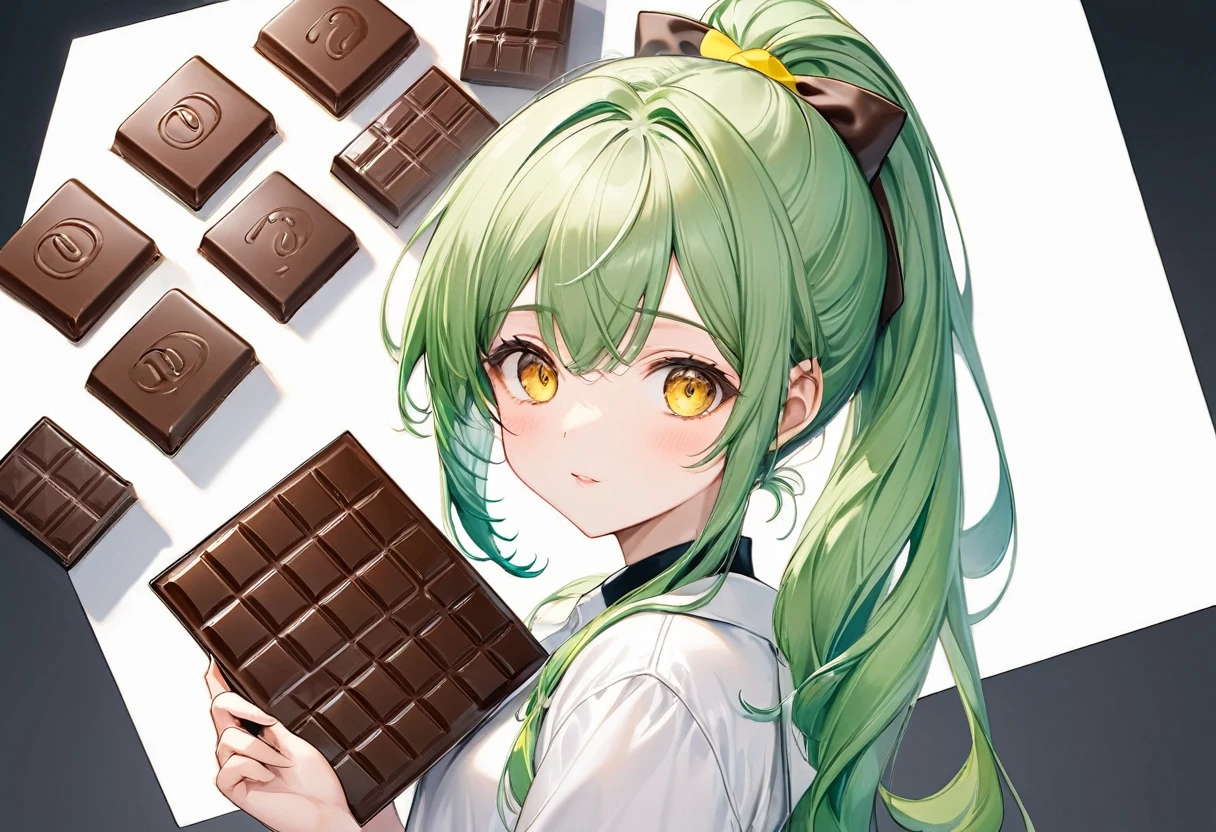 (15 yo, solo ponytail green hair long hair cute girl, cute yellow eyes, is holding shape of number 3 for chocolate), perfect anatomy, masterpiece, best quality, 16k, beautiful detailed grow, daydreaming expression.