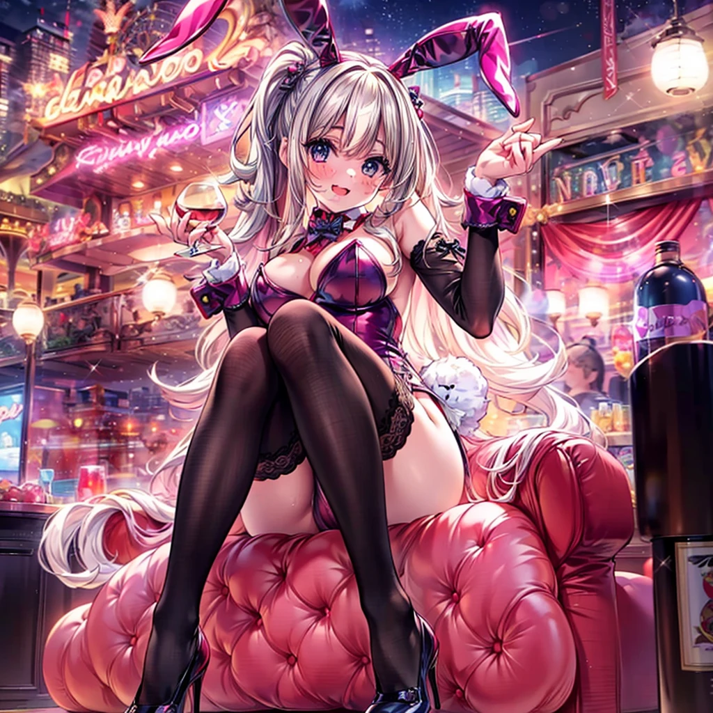 masterpiece, best quality, high resolution, extremely detailed CG, absurdres, highres, expressive eyes, perfect face, 1girl, a cute sexy girl in ((bunny_suit)), kawaii, casino, night club, sexy_posing, fishnet_thighhighs, large_breasts, ((wine)) ,((detailed_background))