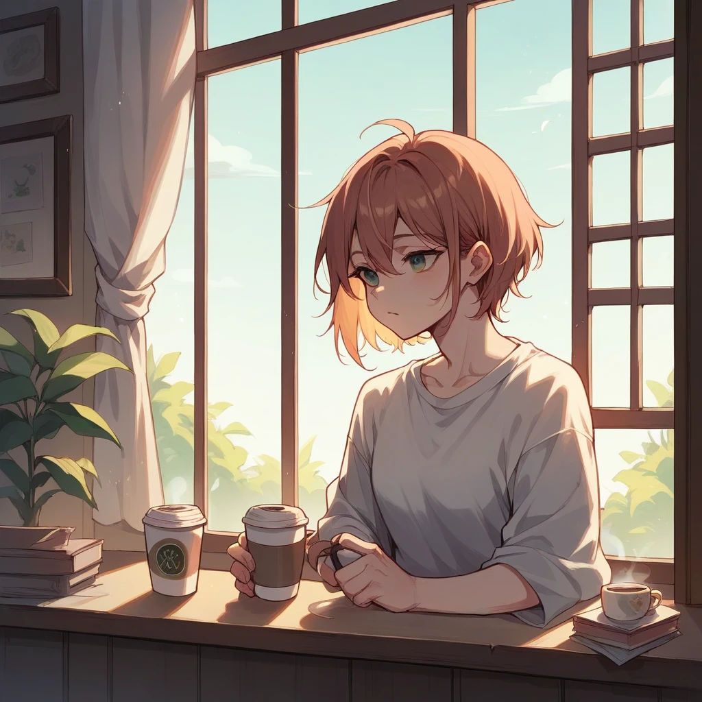 Drink coffee，，looking in the window