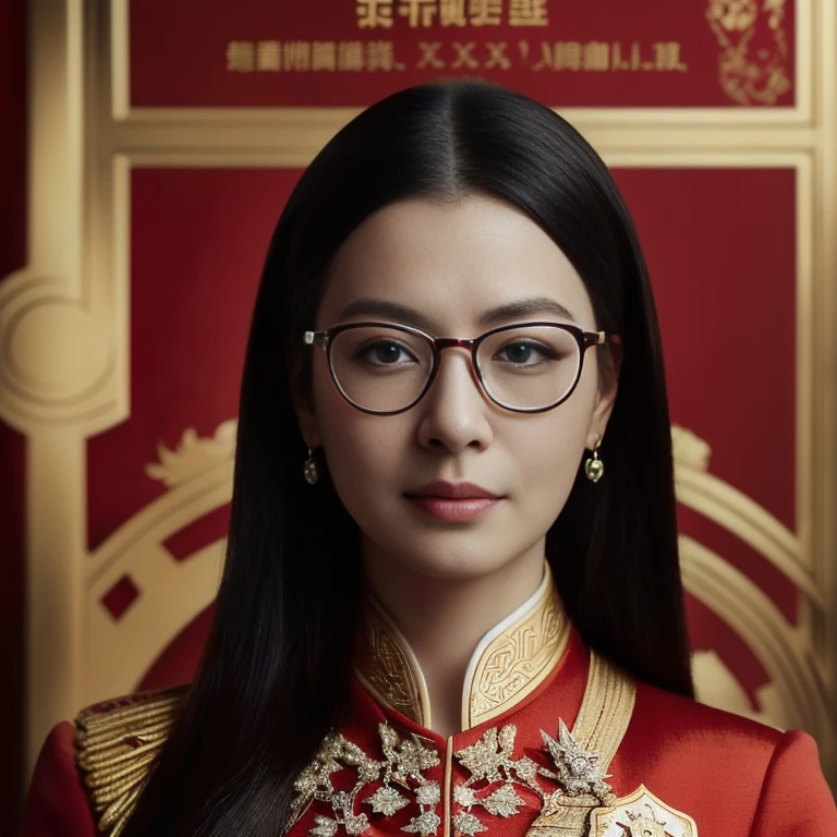 Arafed portrait of woman in red dress and eyeglasses, blue eyeglasses, closeup Portrait, Chinese empress, Portrait, By Emma Andijewska, Order of Akira, Poster Shoot, Inspiration from Min Zhen, Inspired by Xie Huan, Close-up photo, officer, official artwork, Chinese, emperor, Inspired by Guo Xi, Close-up photo