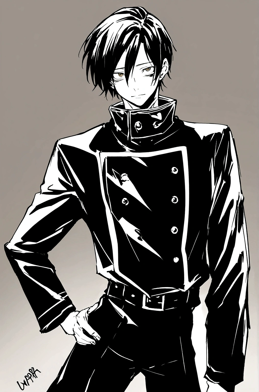 1 chico, average height and pale skin. Su cabello es negro y liso, cubre la parte derecha de su rostro, ojos oscuros. With animation from the Mappa studio, from the anime Jujutsu Kaisen with the uniform of the Tokyo Metropolitan School of Wizardry