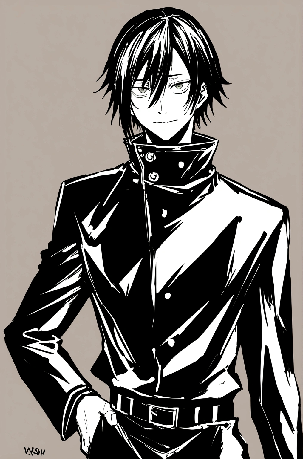 1 chico, average height and pale skin. Su cabello es negro y liso, cubre la parte derecha de su rostro, ojos oscuros. With animation from the Mappa studio, from the anime Jujutsu Kaisen with the uniform of the Tokyo Metropolitan School of Wizardry