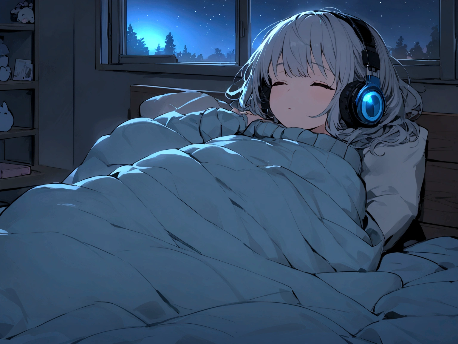girl, Lying and sleeping, Wearing a large sweater, Wearing headphones, Cover your feet with a blanket, praise, Calm, Calm atmosphere, Looking out the window in her room, nice, night, quiet night, masterpiece, highest quality,Only the headphones are glowing blue