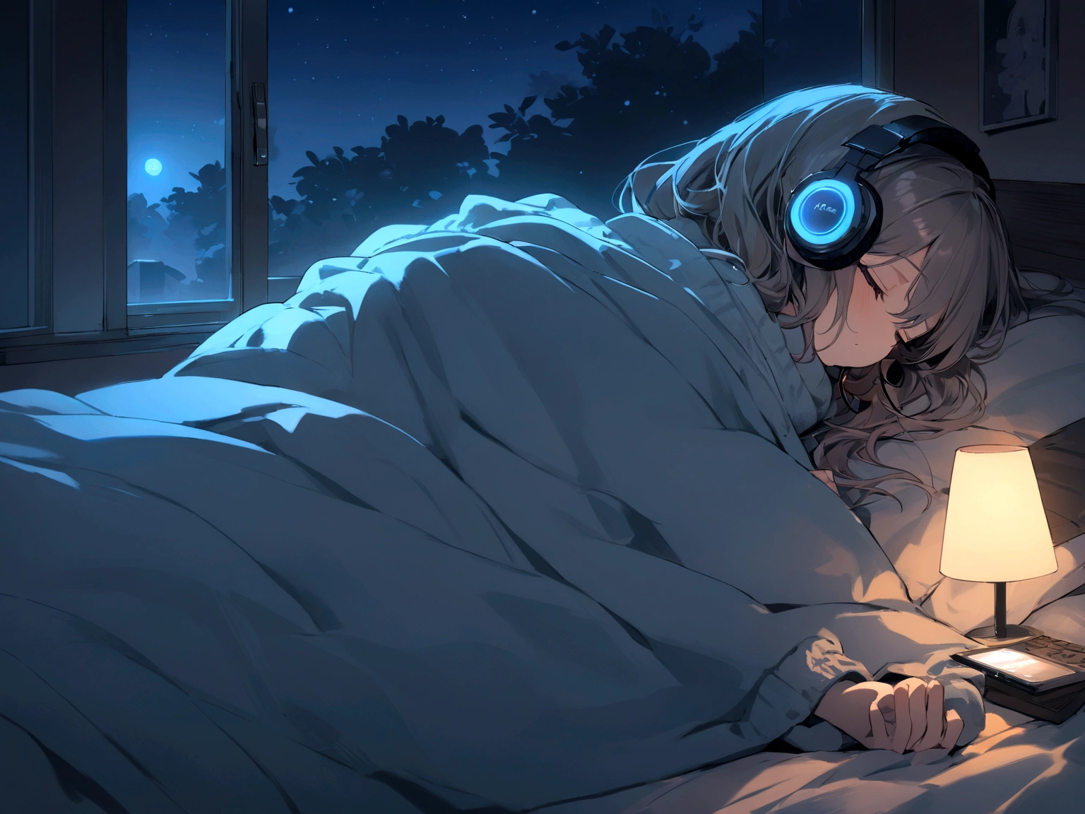 girl, Lying and sleeping, Wearing a large sweater, Wearing headphones, Cover your feet with a blanket, praise, Calm, Calm atmosphere, Looking out the window in her room, nice, night, quiet night, masterpiece, highest quality,Only the headphones are glowing blue