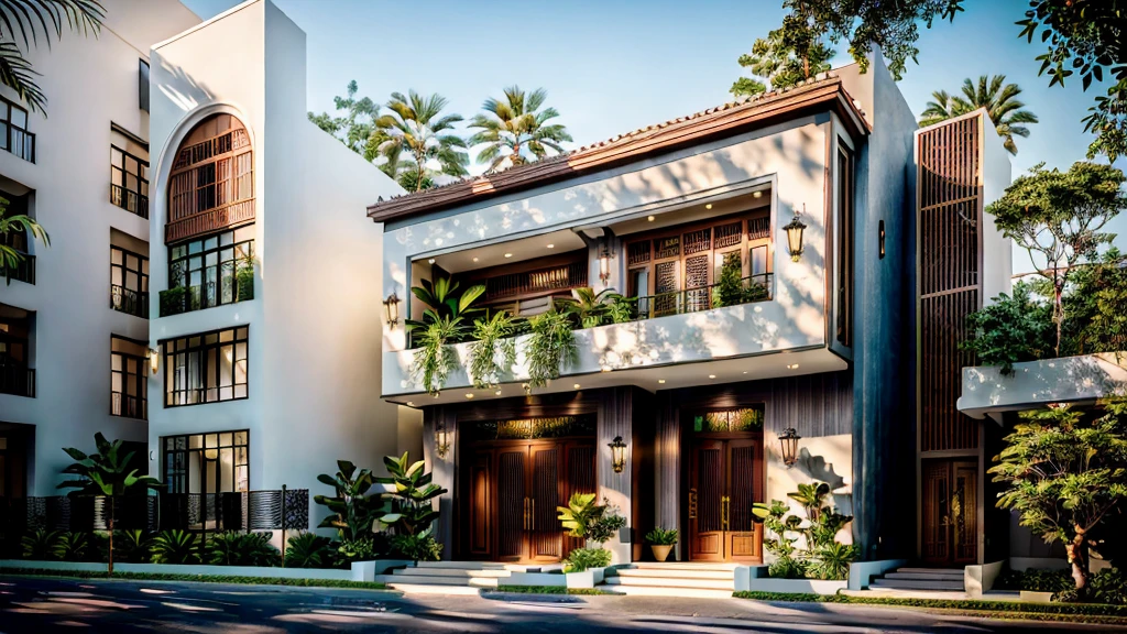 (Townhouse in city ,close houses and trees), (indochine style architecture) daylight ( best quality) ((high solution)) ,(( photo realistic)) ,warm light, soft lighting, warm atmosphere,high Resolution, hyper detailed,4k ,vray render, octane render, hyper realistic, photography expert ,exterior design , professional photography, exterior photography,wide-angle shot , ultra detail , high Resolution , full frame, full body