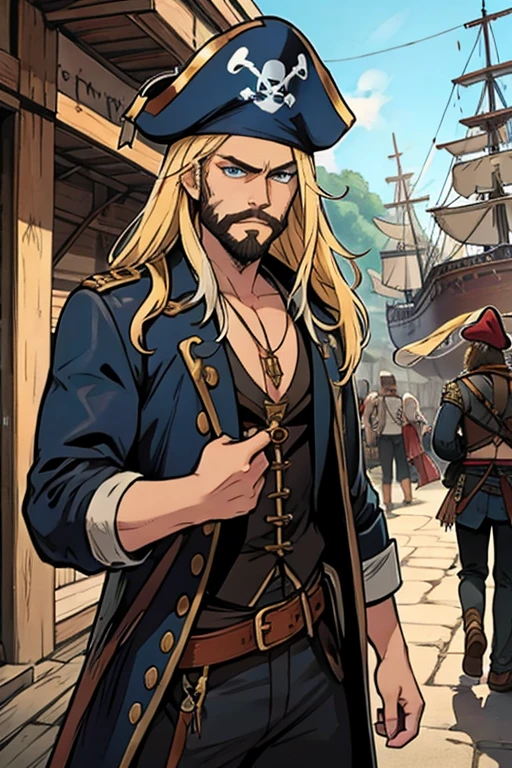 A muscular blonde haired male pirate with blue eyes and long hair and a dark beard in a pirate's outfit is shopping in the market of a pirate city