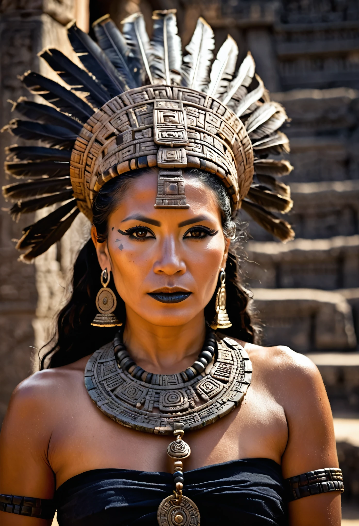 A 45-year-old Mayan woman, intricate , see-luscious hair is depicted in a stunning, award-winning photography. The scene features a beautiful, detailed, and oily skin, with a dark makeup, jewelry, and a beautiful face, all set against a backdrop of a Mayan temple and Aztec pyramid.