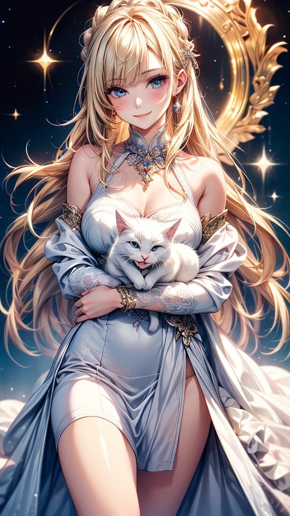 Highly Detailed CG Unity 8K Wallpaper, pretty girl, Mature blonde girl, Half Up,beautiful girl, Hot Maiden, Pale skin (super masterpiece, Fantasy art with intricate detail:1.5,Beautiful person, Well detailed face polluted smile, Her flat chest is completely hidden by her dress、Realistic, Surreal), Pray to the stars,Girl holding cute white cat with big eyes in her arms