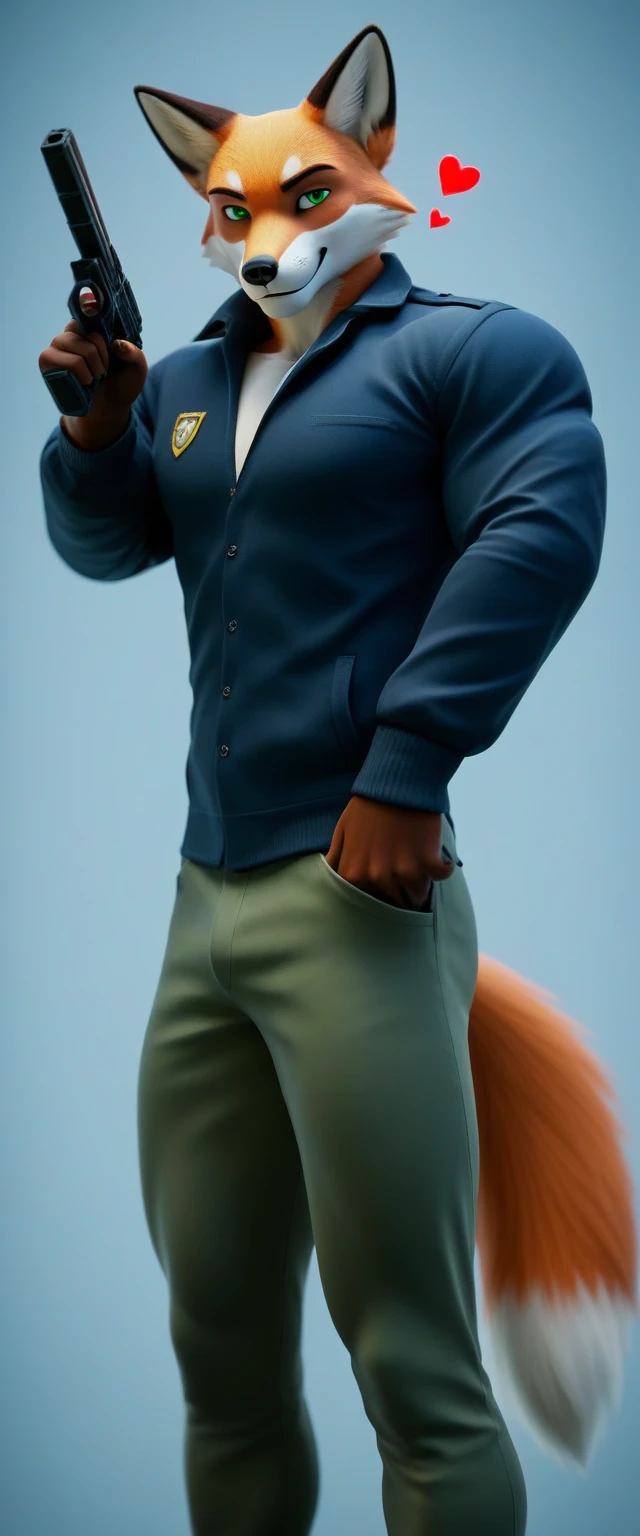 score_9, score_8_up, score_7_up, rating_safe,source_furry,anthro,source_cinematographic in 3D, adult muscular male fox Green eyes Wild west background And pointing a gun at the viewer (<3)