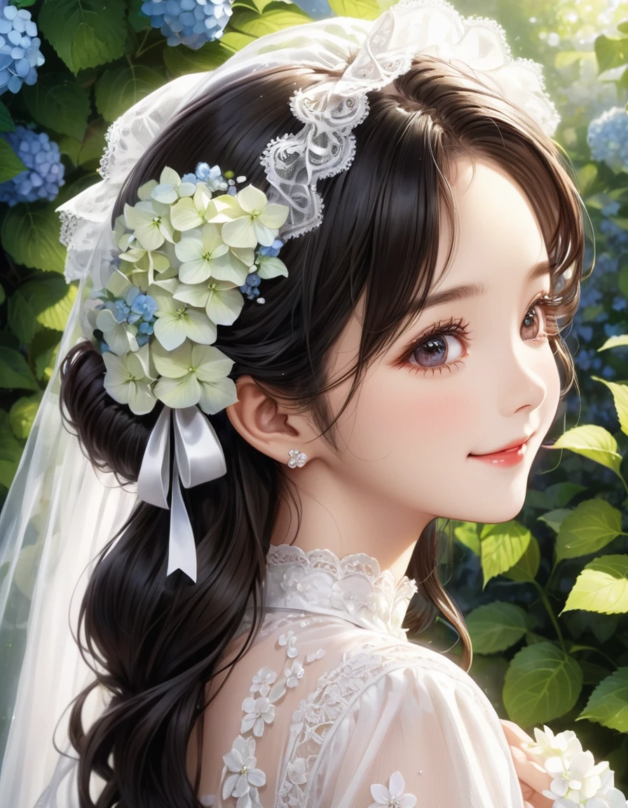 from side, close up face, look away, smile, frilly long sleeves, white lace veil, kawaii, The bride is dressed in a white wedding dress, and her cheeks are flushed with happiness. Her profile exudes a quiet beauty, and a vibrant hydrangea flower is added to her ear. The petals of the hydrangea enhance the elegance of the bride, and its color symbolizes her happiness. This scene celebrates pure love, happiness, and a new beginning.(photo realistic:1.2)
