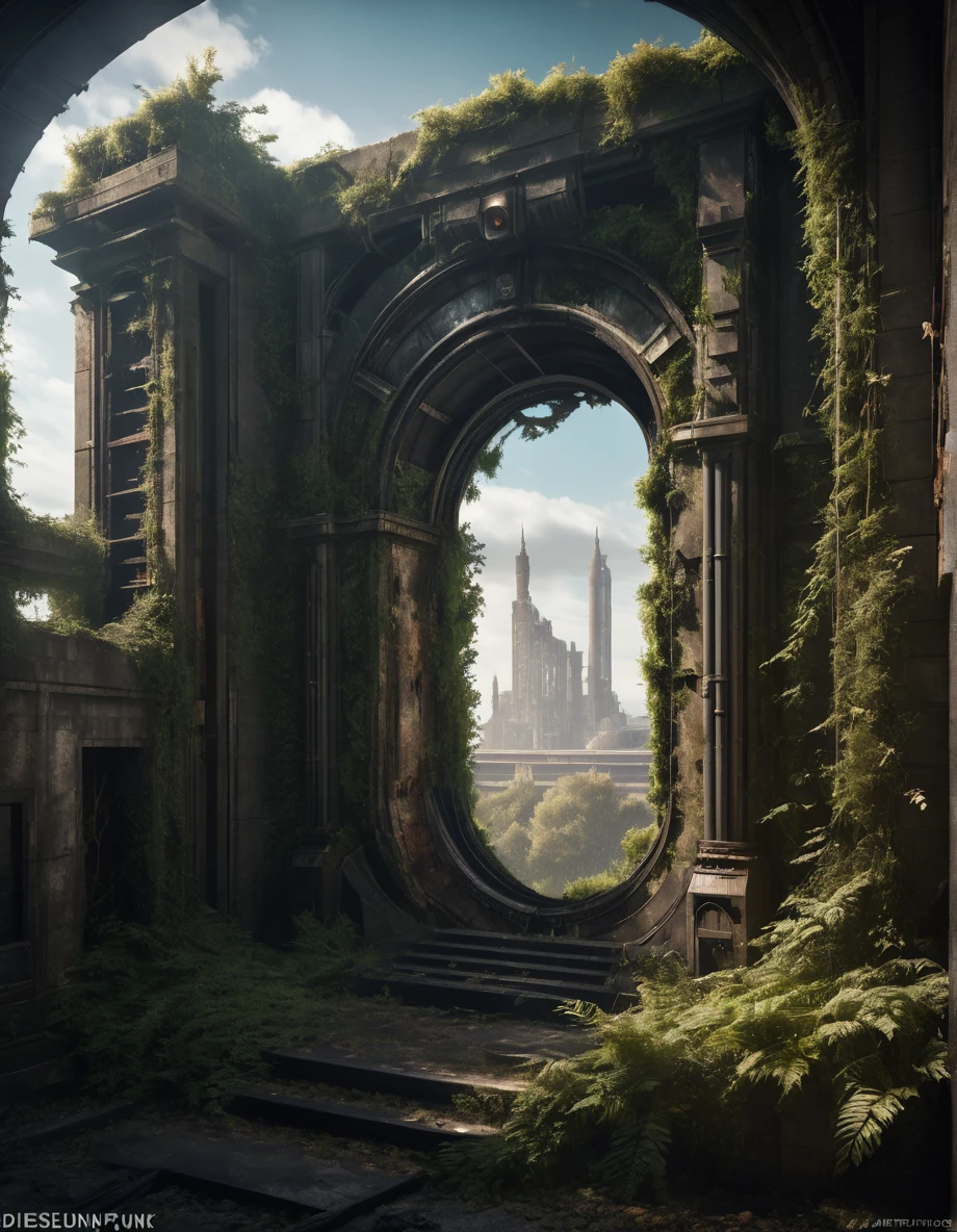 ((a crumbling dieselpunk_wall:1.3)), (a portal into a fantasy world), overgrown, masterpiece, (digital art:1.2), epic, ultra detailed, trending on artstation, natural lighting, backlight, best quality