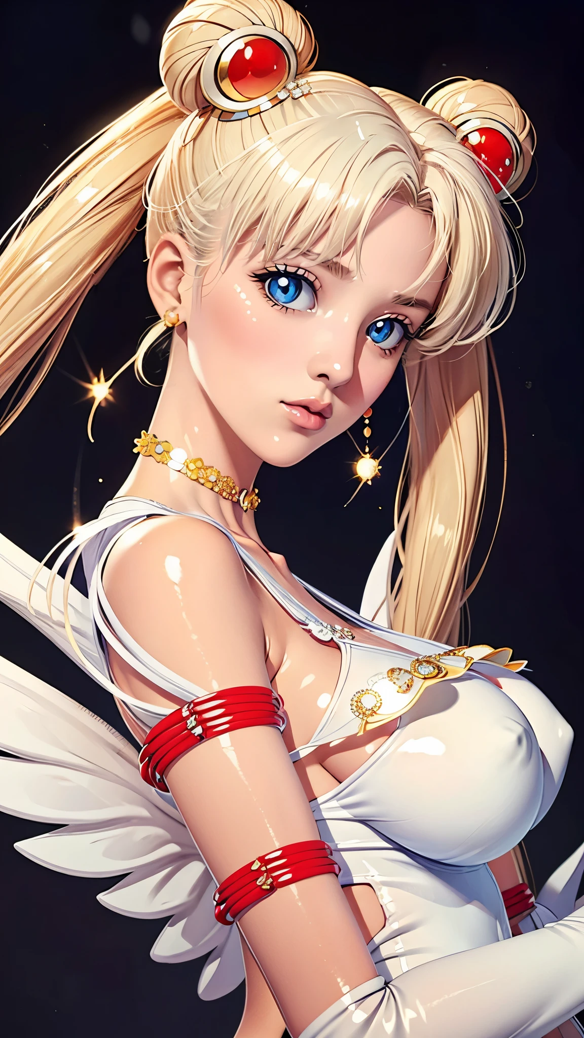 (((Perfect body,White and tender skin,(((Yellow layered skirt Pink puffy sleeves White gloves White boots Wing brooch Red choker Red ribbon Wings Hairpin Red bun cover Golden crescent forehead mark))),(((EternalSM ,Slender and soft golden hair, crystal clear and delicate skin, bright blue big eyes, thin cherry colored lips,,))),((masterpiece)),highres,((Best quality at best)),masterpiece,quality,Best quality,((( Exquisite facial features,Looking at the audience,There is light in the eyes,(((lol,happy))),))),(((Light and shadow,Huge breasts,))),(((Looking at the camera,black background,))))