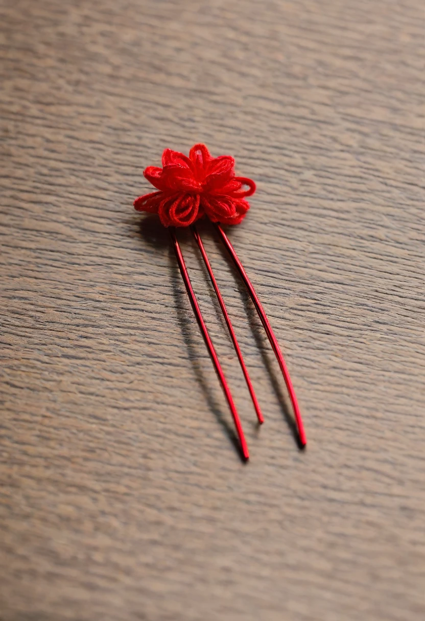 Color photo of a red hairpin lying on the table close-up
